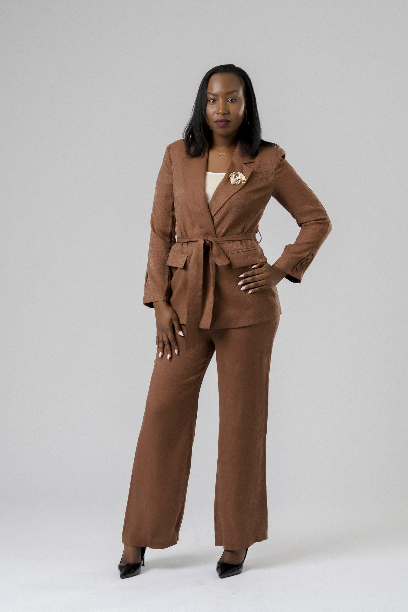 Modern Belted Suit in Brown